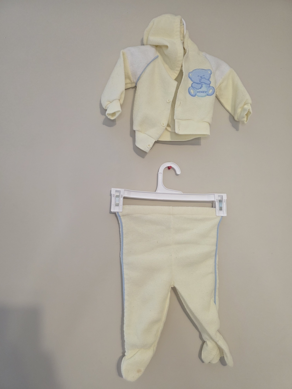 Vintage Soft Cream Baby Hooded Matching Set with Blue Bear